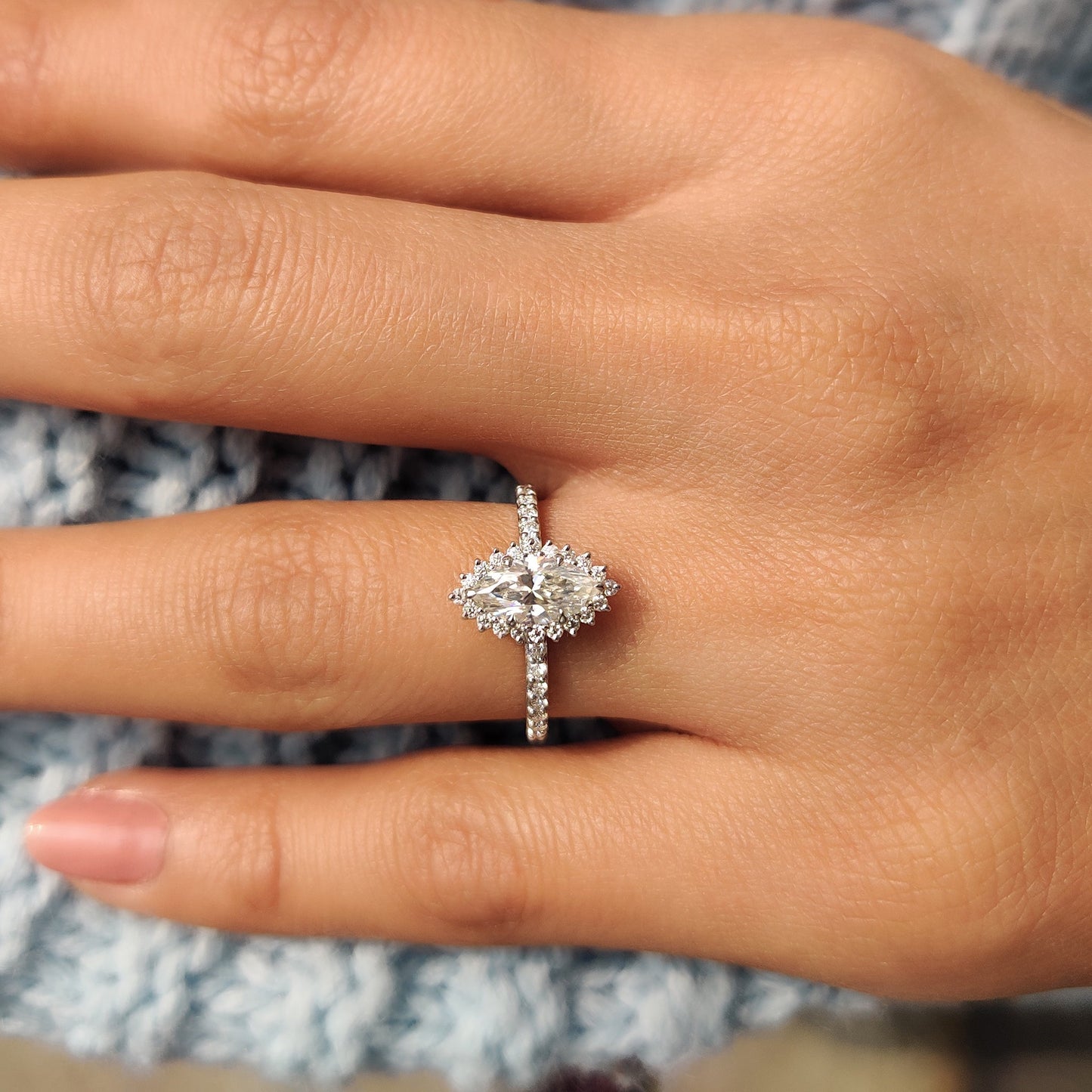 Marquise Halo Engagement Ring In Pave Band