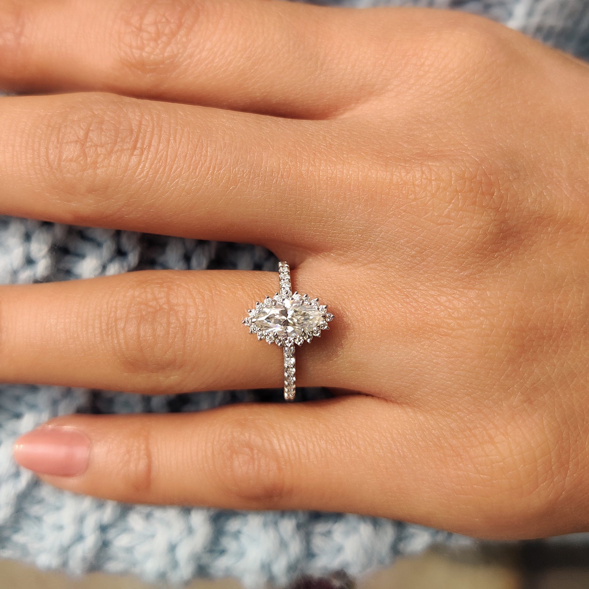 Marquise Halo Engagement Ring In Pave Band