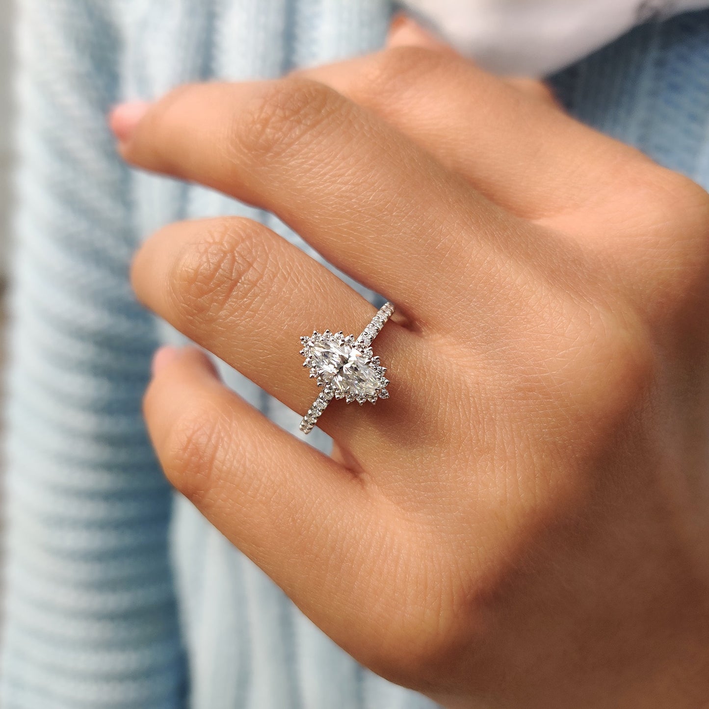 Marquise Halo Engagement Ring In Pave Band