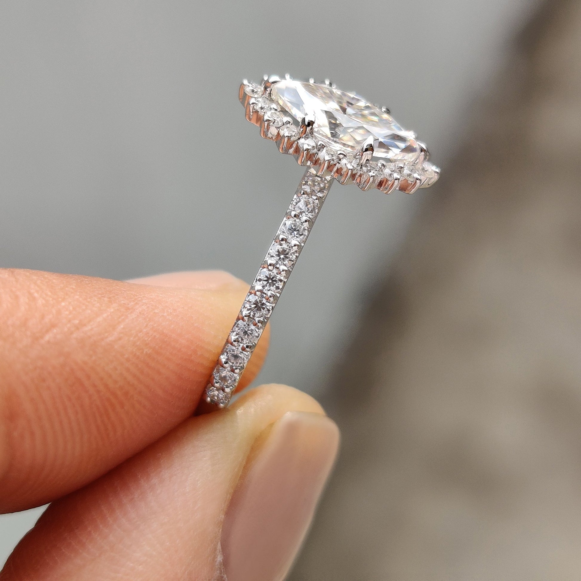 Marquise Halo Engagement Ring In Pave Band