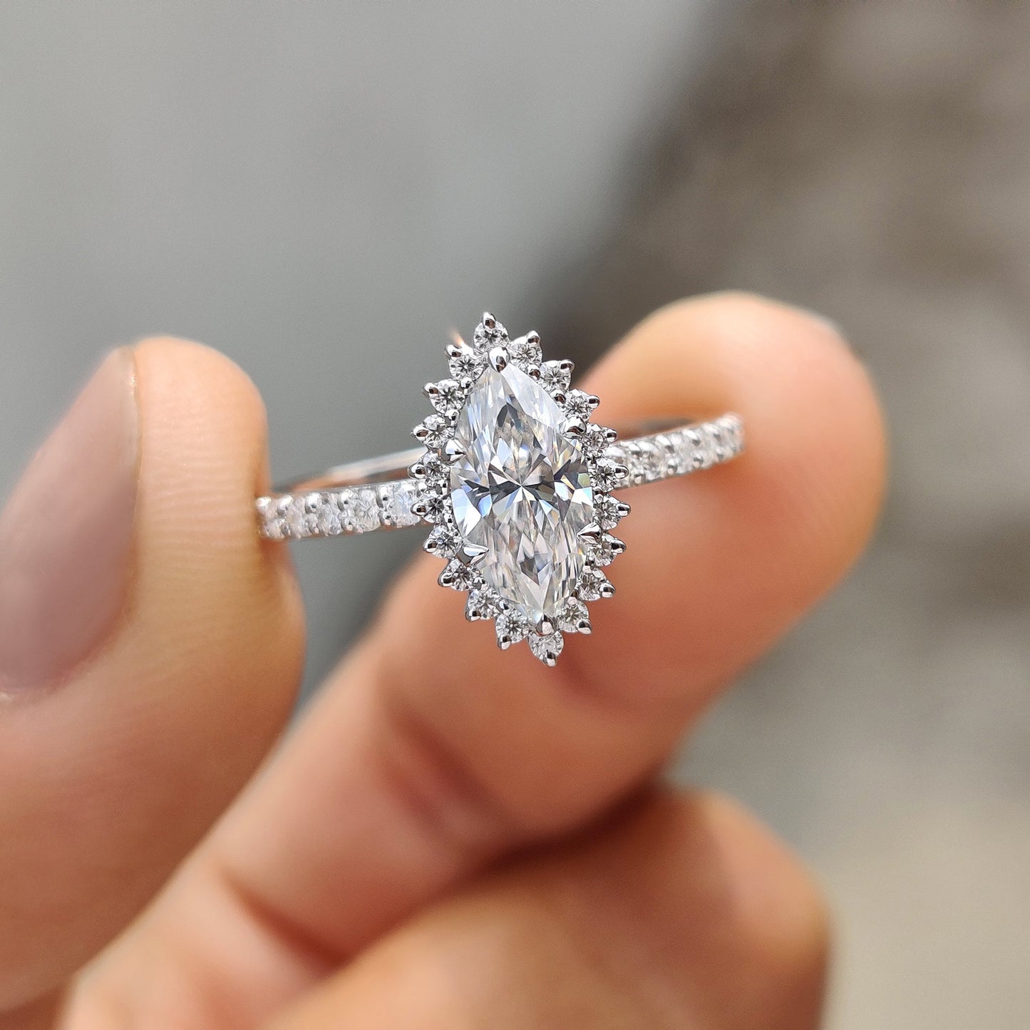 Marquise Halo Engagement Ring In Pave Band