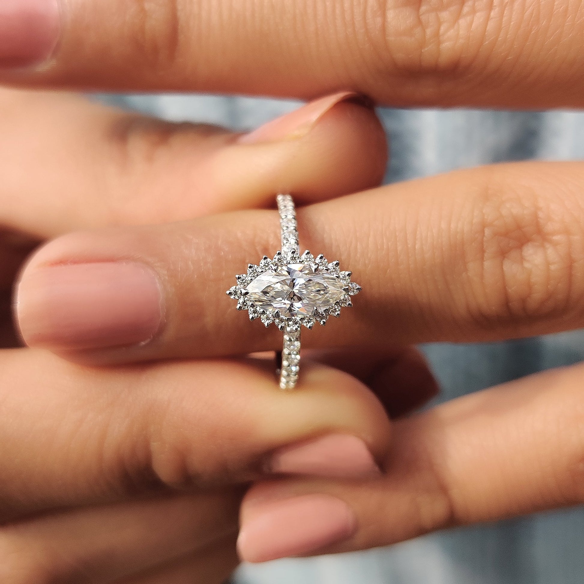 Marquise Halo Engagement Ring In Pave Band
