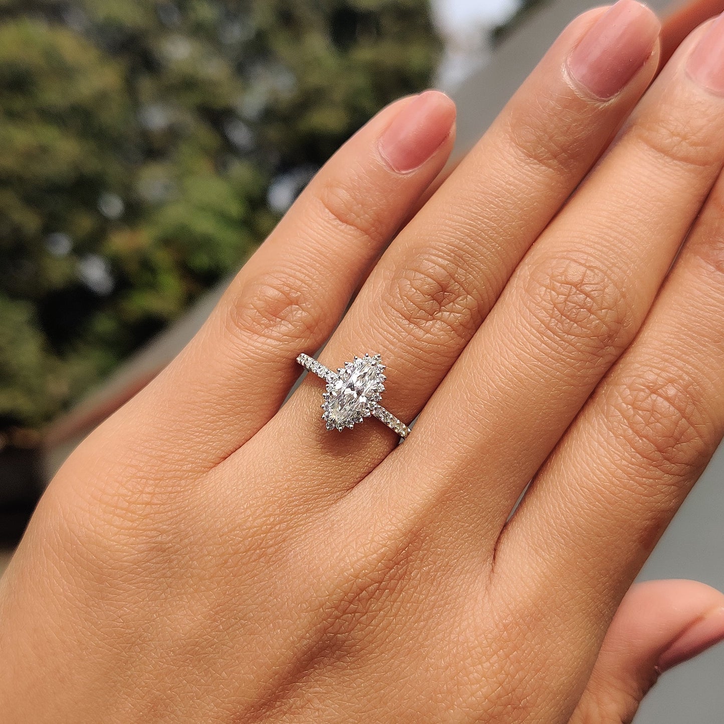 Marquise Halo Engagement Ring In Pave Band