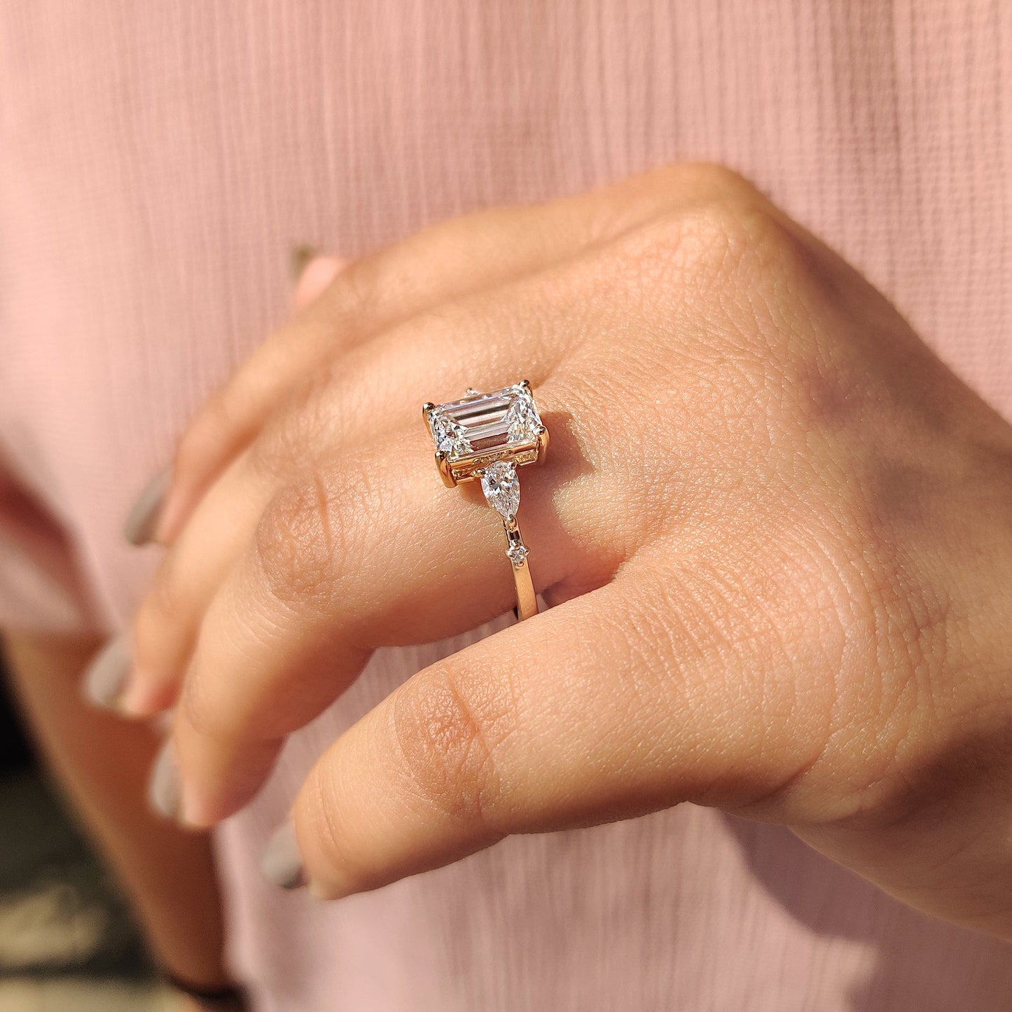 Five Stone Engagement Ring - Emerald, Round And Pear Diamond
