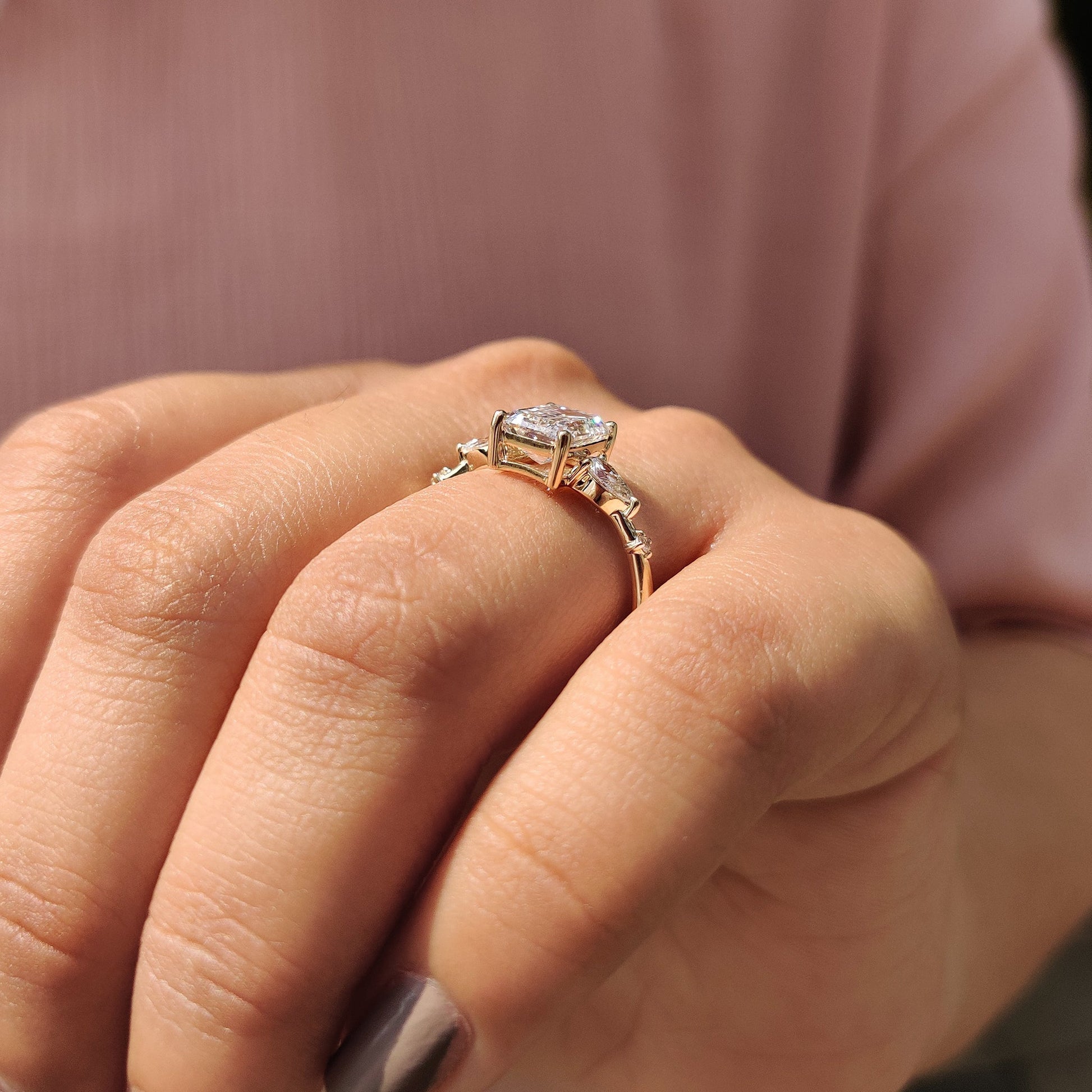 Five Stone Engagement Ring - Emerald, Round And Pear Diamond