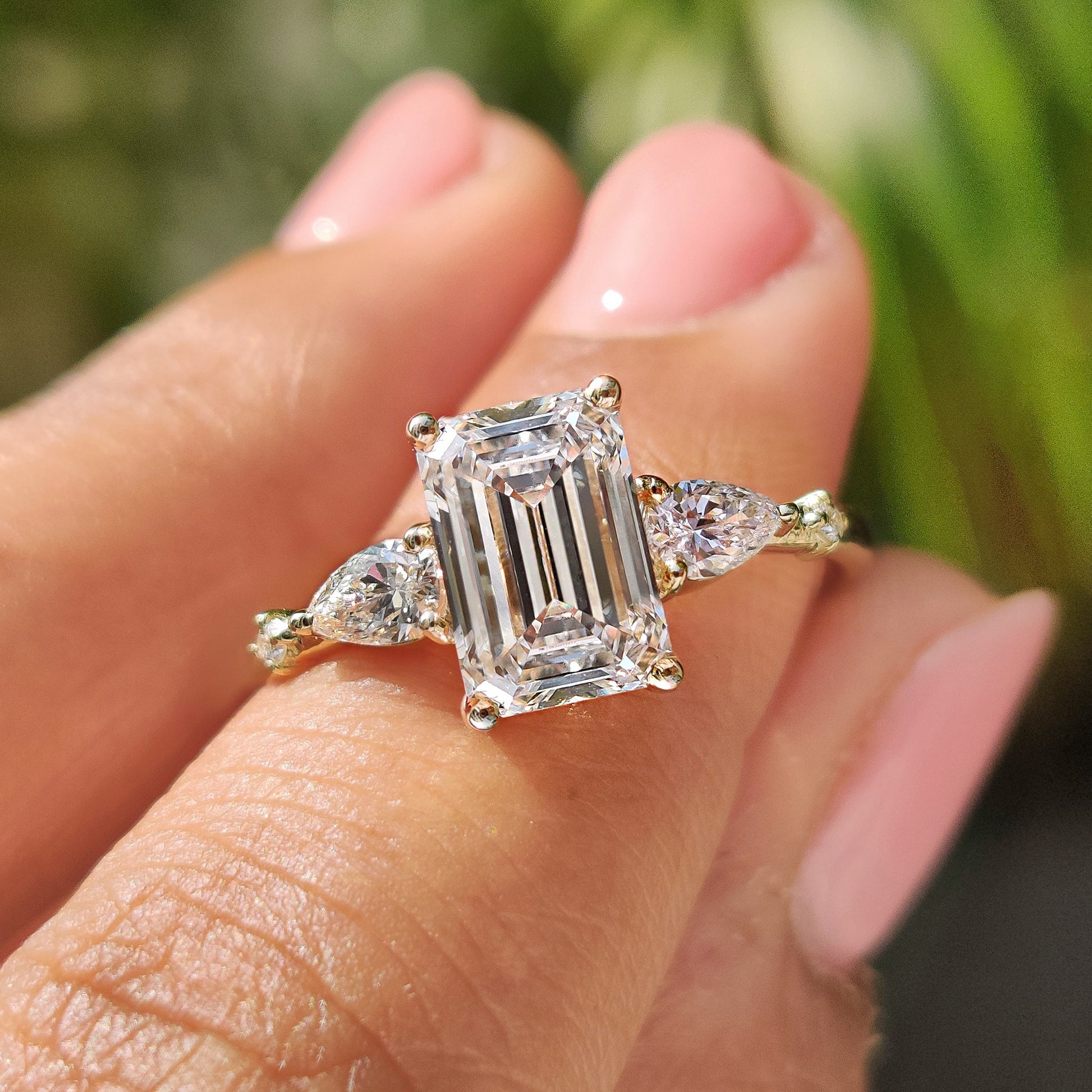 Five Stone Engagement Ring - Emerald, Round And Pear Diamond