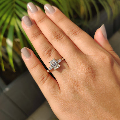 Five Stone Engagement Ring - Emerald, Round And Pear Diamond