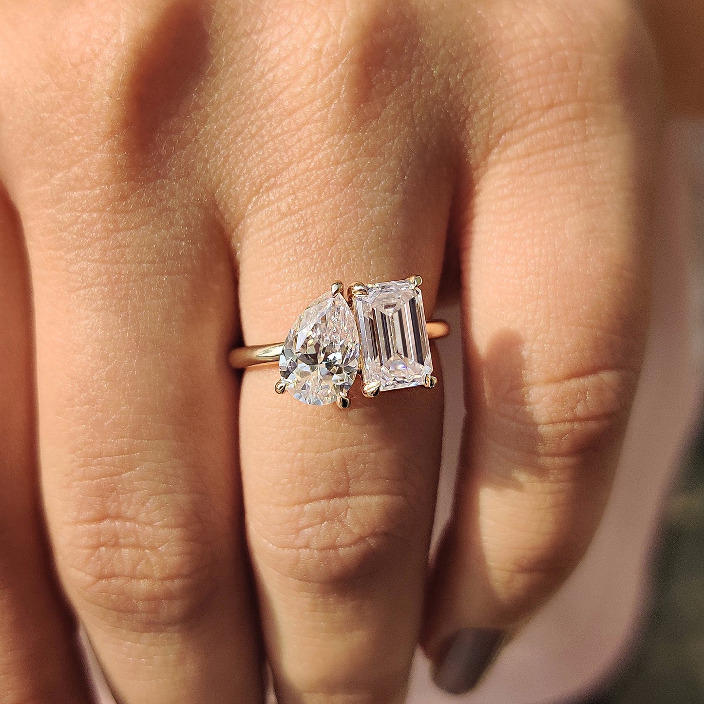 Pear and Emerald Cut Two Stone Engagement Ring