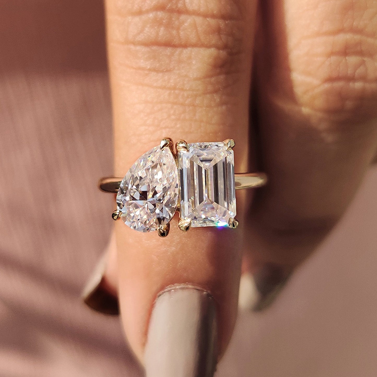 Pear and Emerald Cut Two Stone Engagement Ring