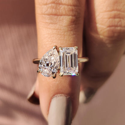 Pear and Emerald Cut Two Stone Engagement Ring