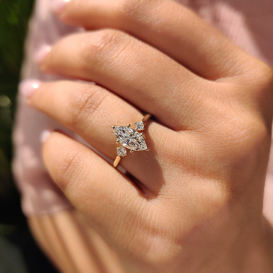 3 Stone Marquise Engagement Ring With Hidden Halo