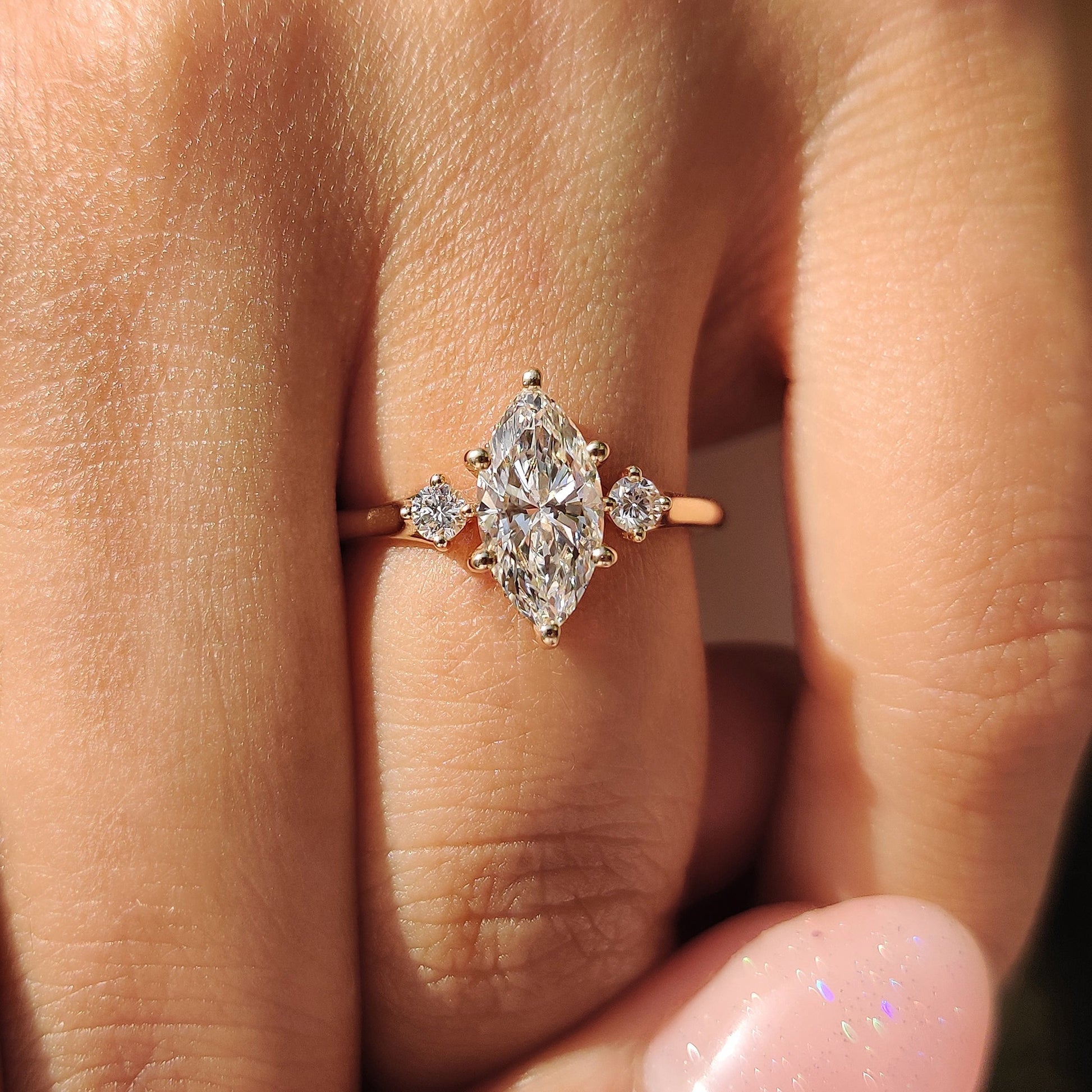 3 Stone Marquise Engagement Ring With Hidden Halo