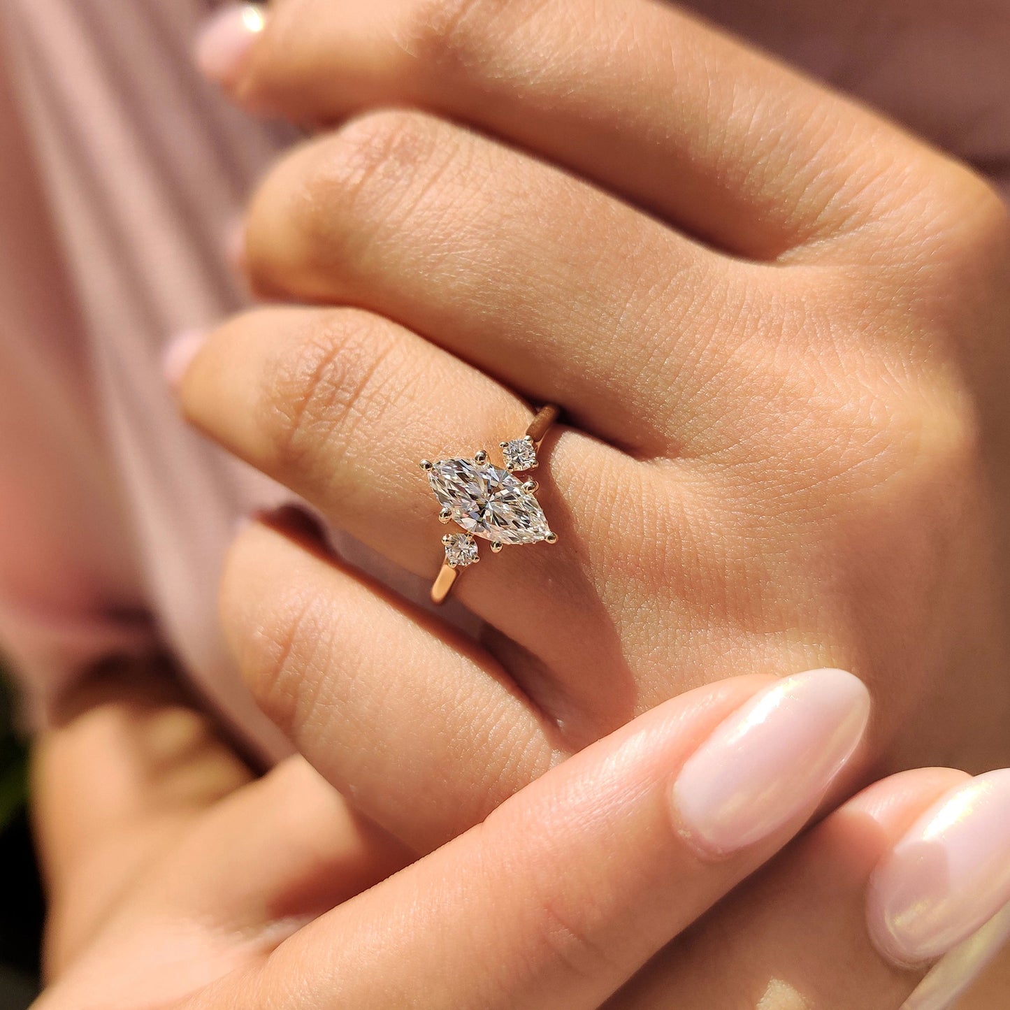 3 Stone Marquise Engagement Ring With Hidden Halo