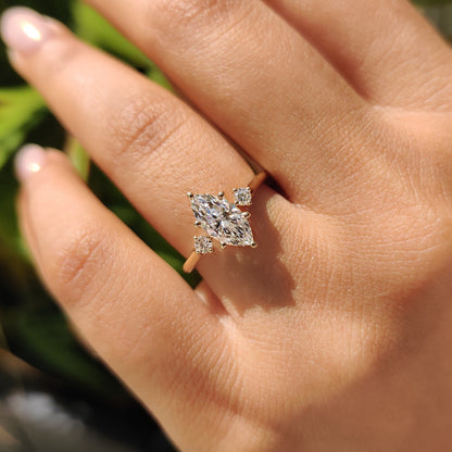 3 Stone Marquise Engagement Ring With Hidden Halo