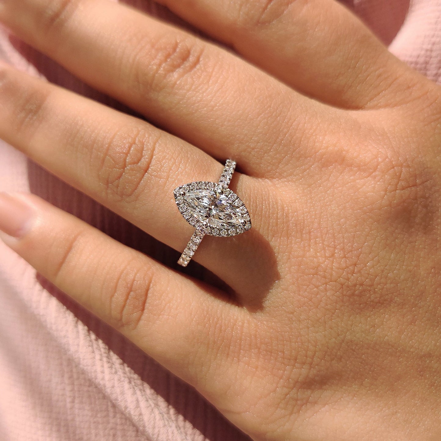 Marquise Diamond Ring With Round Cut Halo Pave Setting