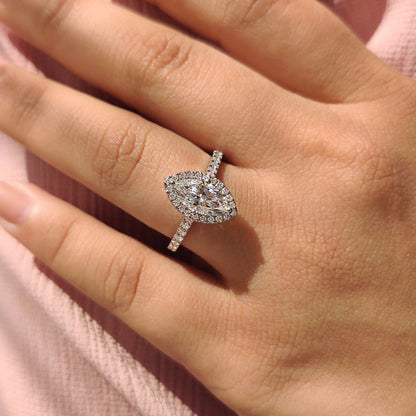Marquise Diamond Ring With Round Cut Halo Pave Setting
