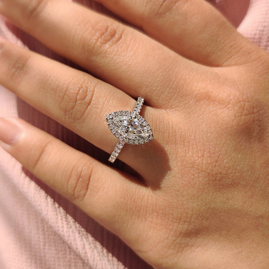 Marquise Diamond Ring With Round Cut Halo Pave Setting