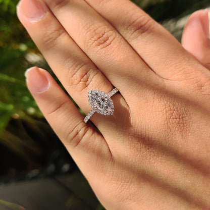 Marquise Diamond Ring With Round Cut Halo Pave Setting