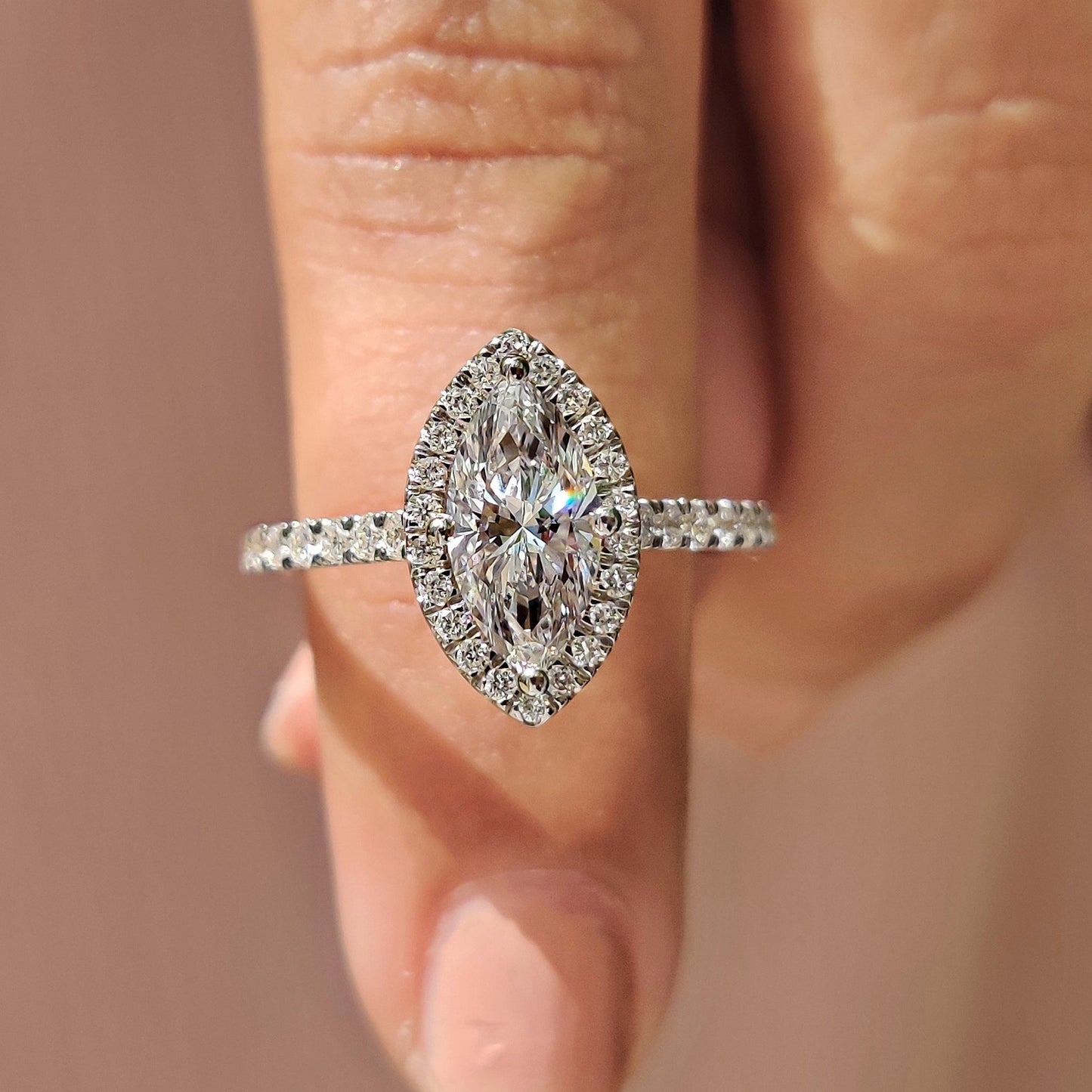 Marquise Diamond Ring With Round Cut Halo Pave Setting