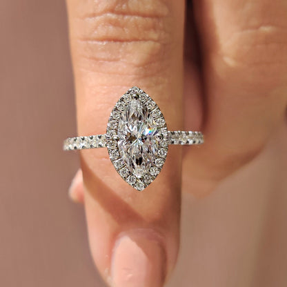 Marquise Diamond Ring With Round Cut Halo Pave Setting