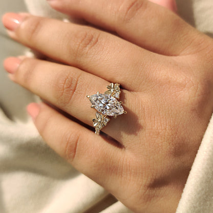 Nature Inspired Art Deco Marquise Ring With Yellow Gold