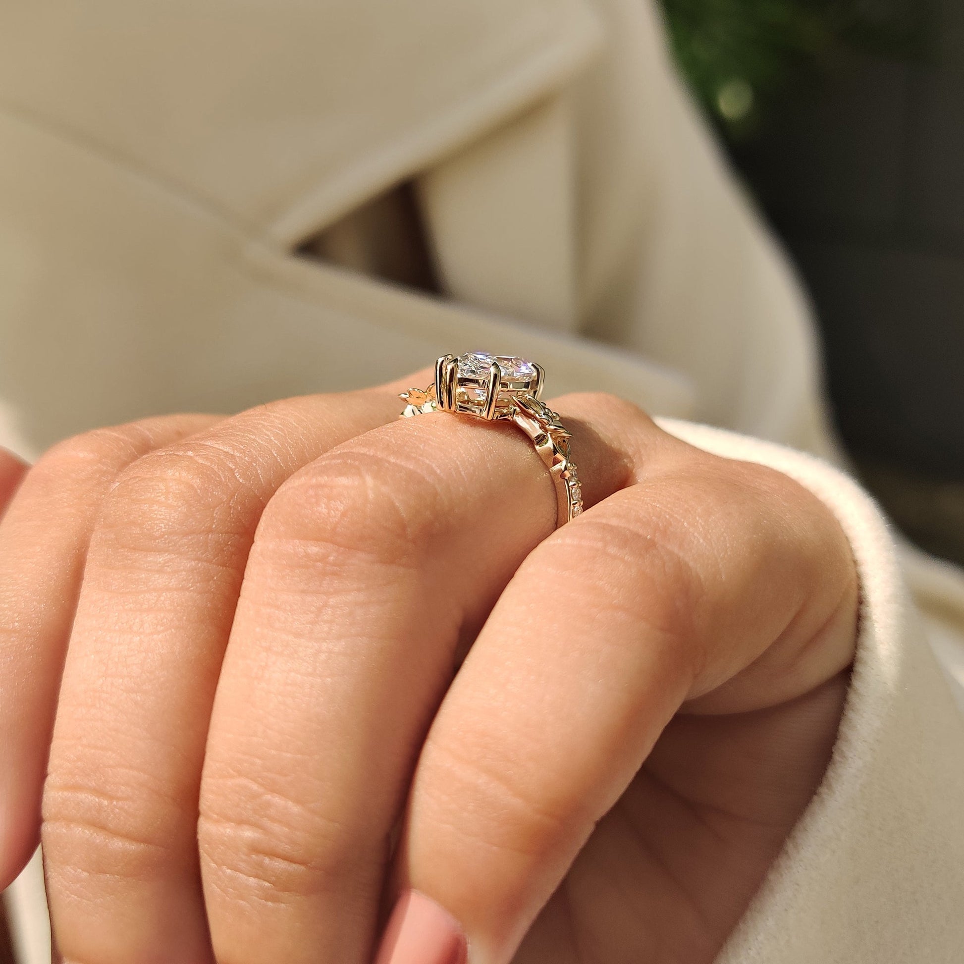 Nature Inspired Art Deco Marquise Ring With Yellow Gold