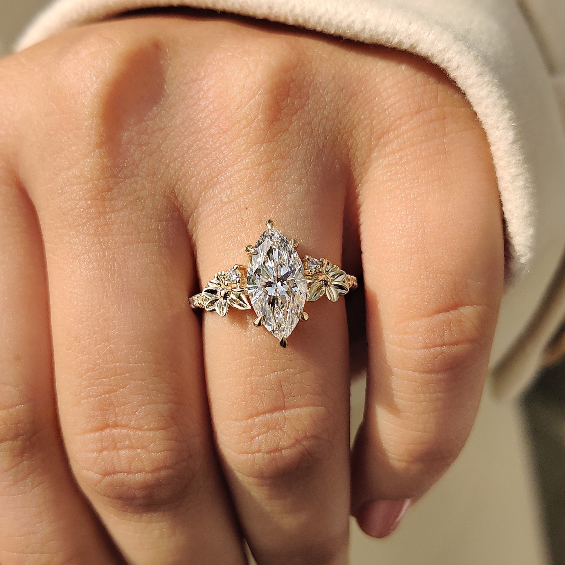 Nature Inspired Art Deco Marquise Ring With Yellow Gold