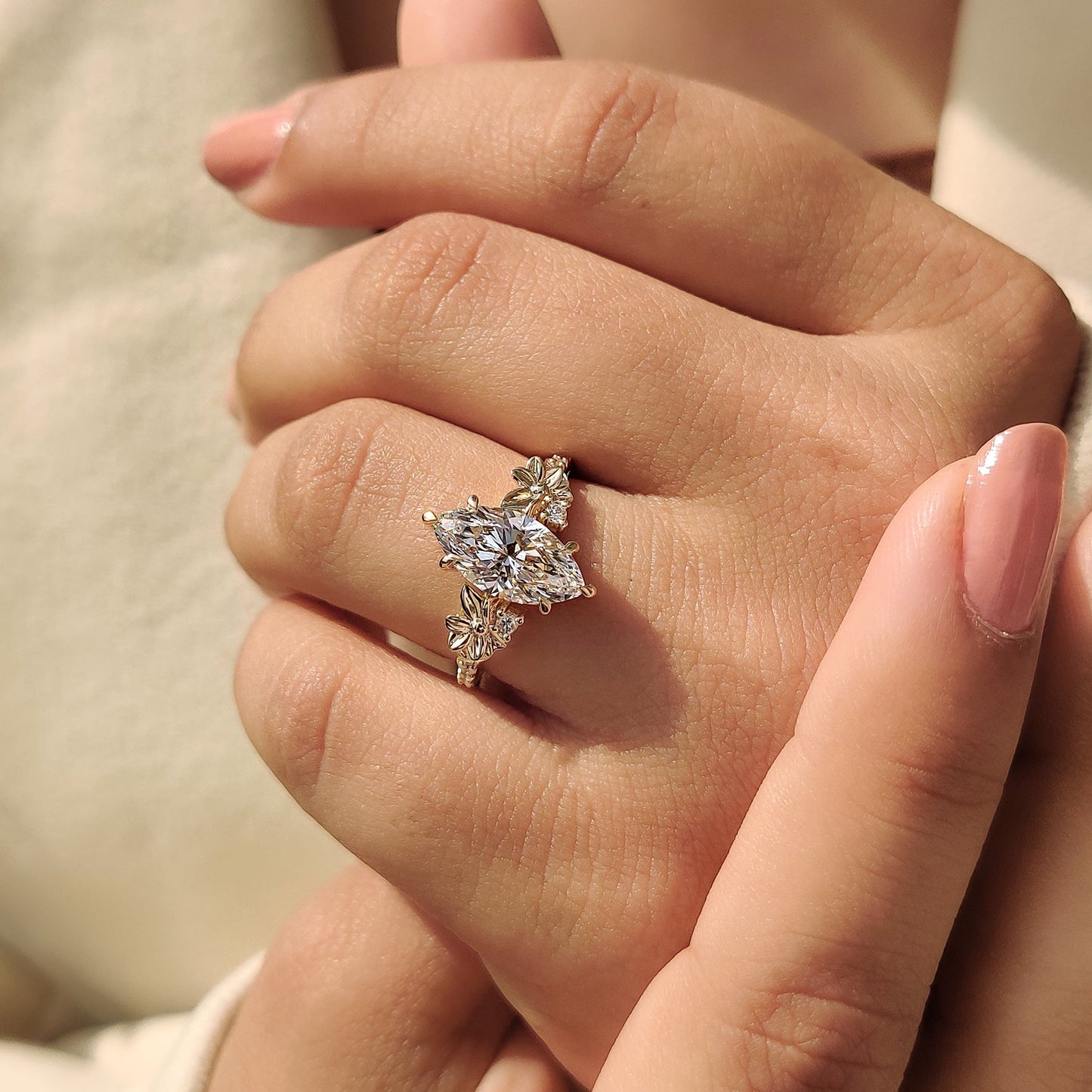 Nature Inspired Art Deco Marquise Ring With Yellow Gold