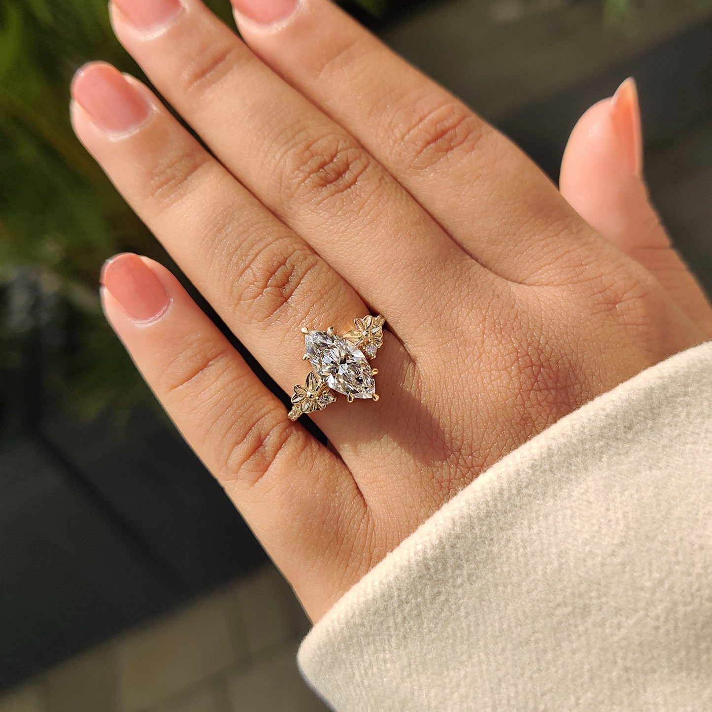 Nature Inspired Art Deco Marquise Ring With Yellow Gold