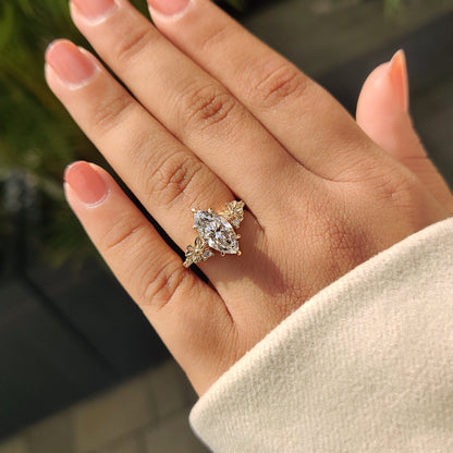 Nature Inspired Art Deco Marquise Ring With Yellow Gold