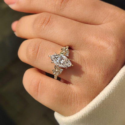 Nature Inspired Art Deco Marquise Ring With Yellow Gold