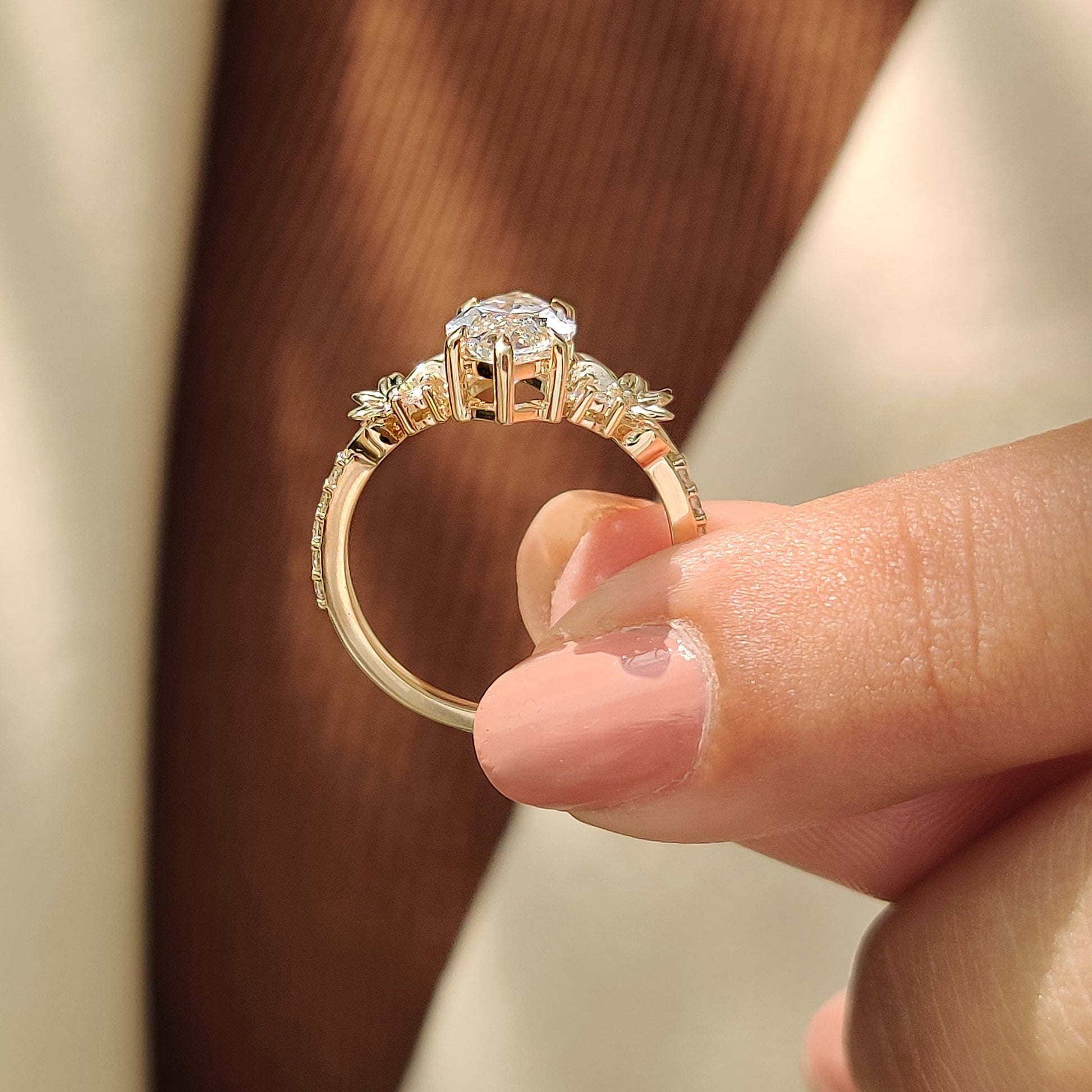 Nature Inspired Art Deco Marquise Ring With Yellow Gold