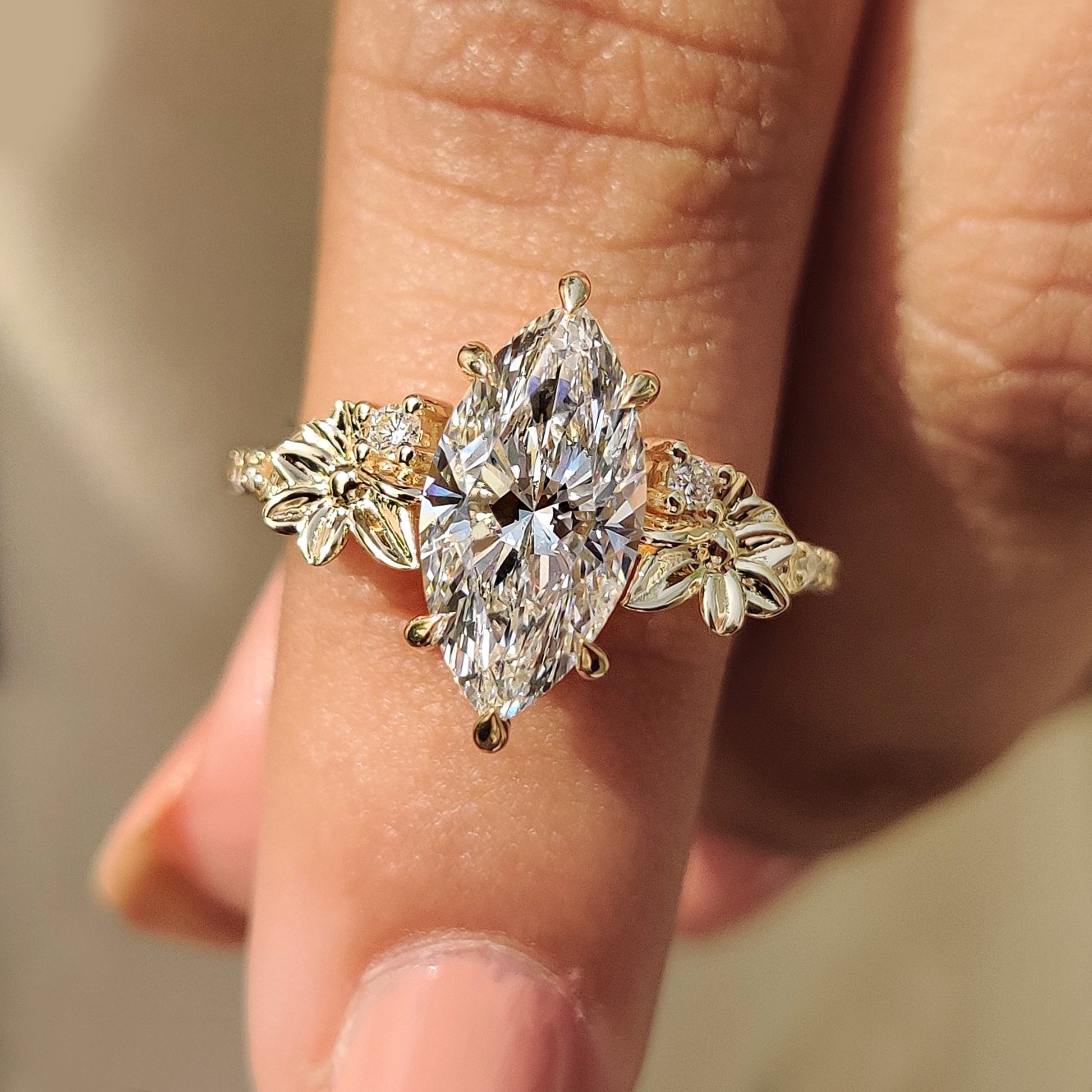 Nature Inspired Art Deco Marquise Ring With Yellow Gold