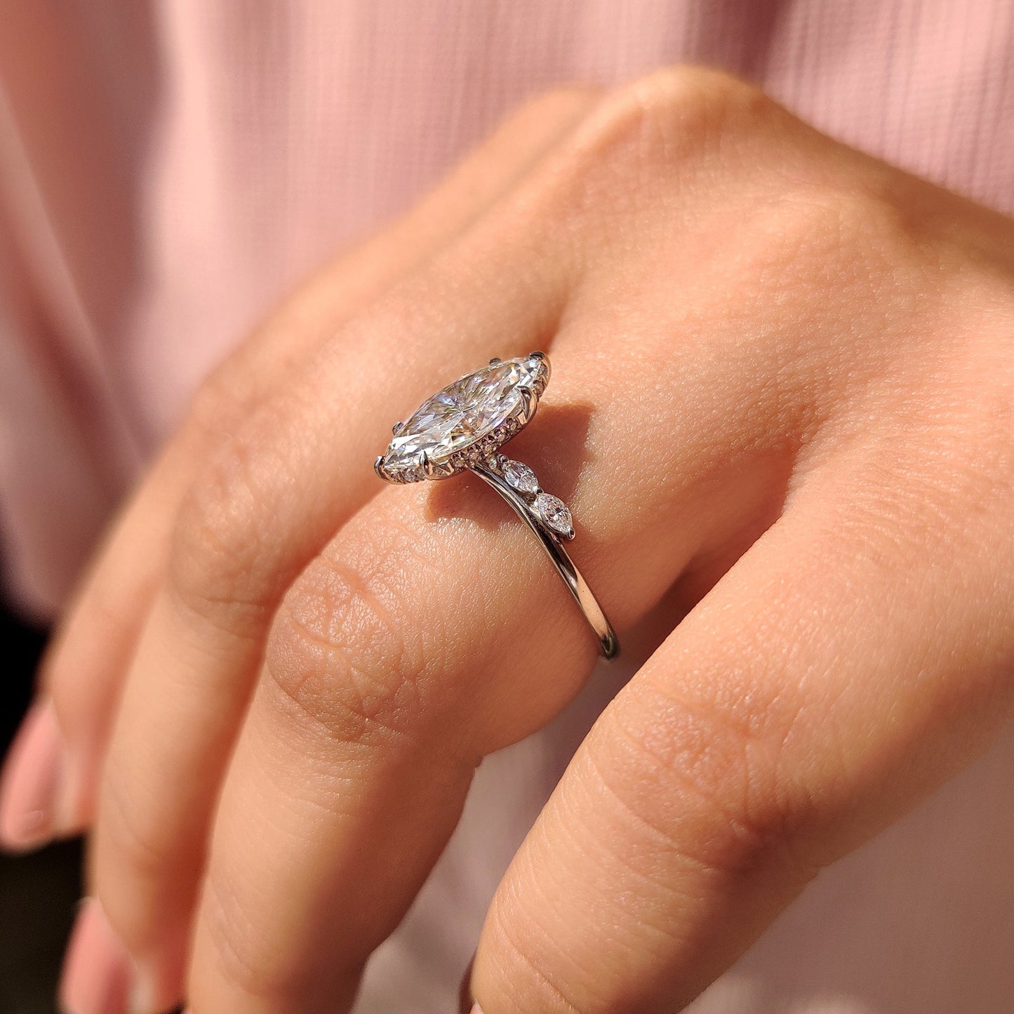 Marquise Cut Diamond Engagement Ring In Hidden Halo Style