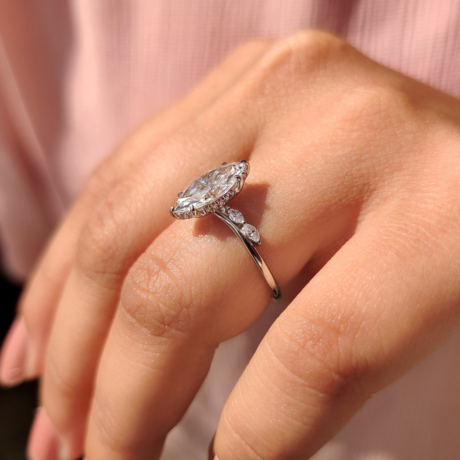 Marquise Cut Diamond Engagement Ring In Hidden Halo Style