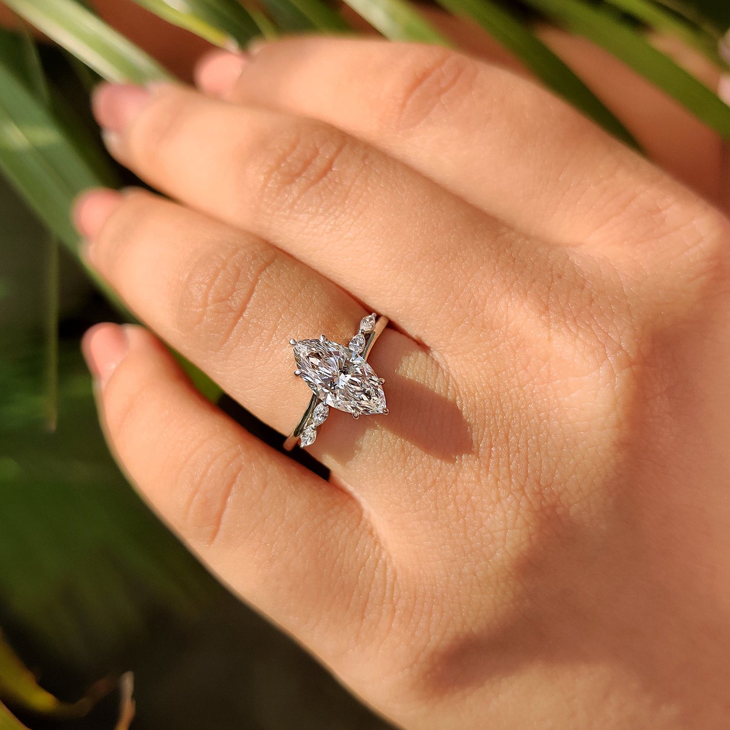 Marquise Cut Diamond Engagement Ring In Hidden Halo Style