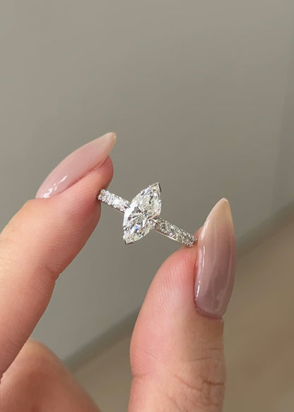 Marquise Shaped Three Stone Lab Grown Diamond Engagement Ring