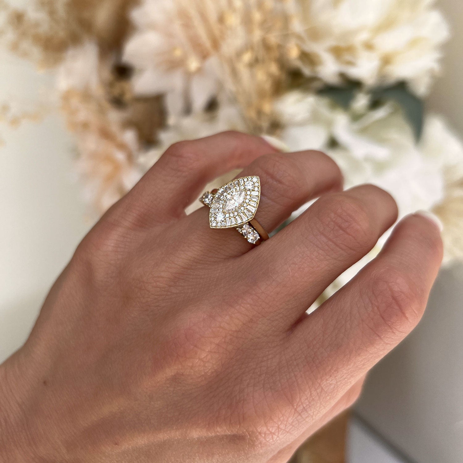 Marquise Shaped Three Stone Lab Grown Diamond Engagement Ring