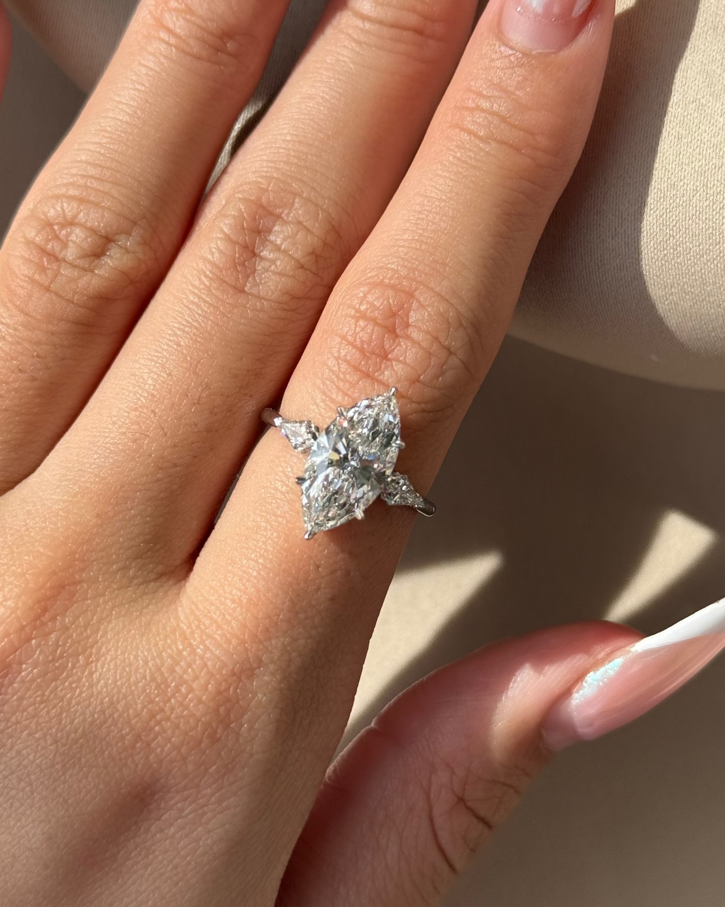 Marquise Shaped Three Stone Lab Grown Diamond Engagement Ring