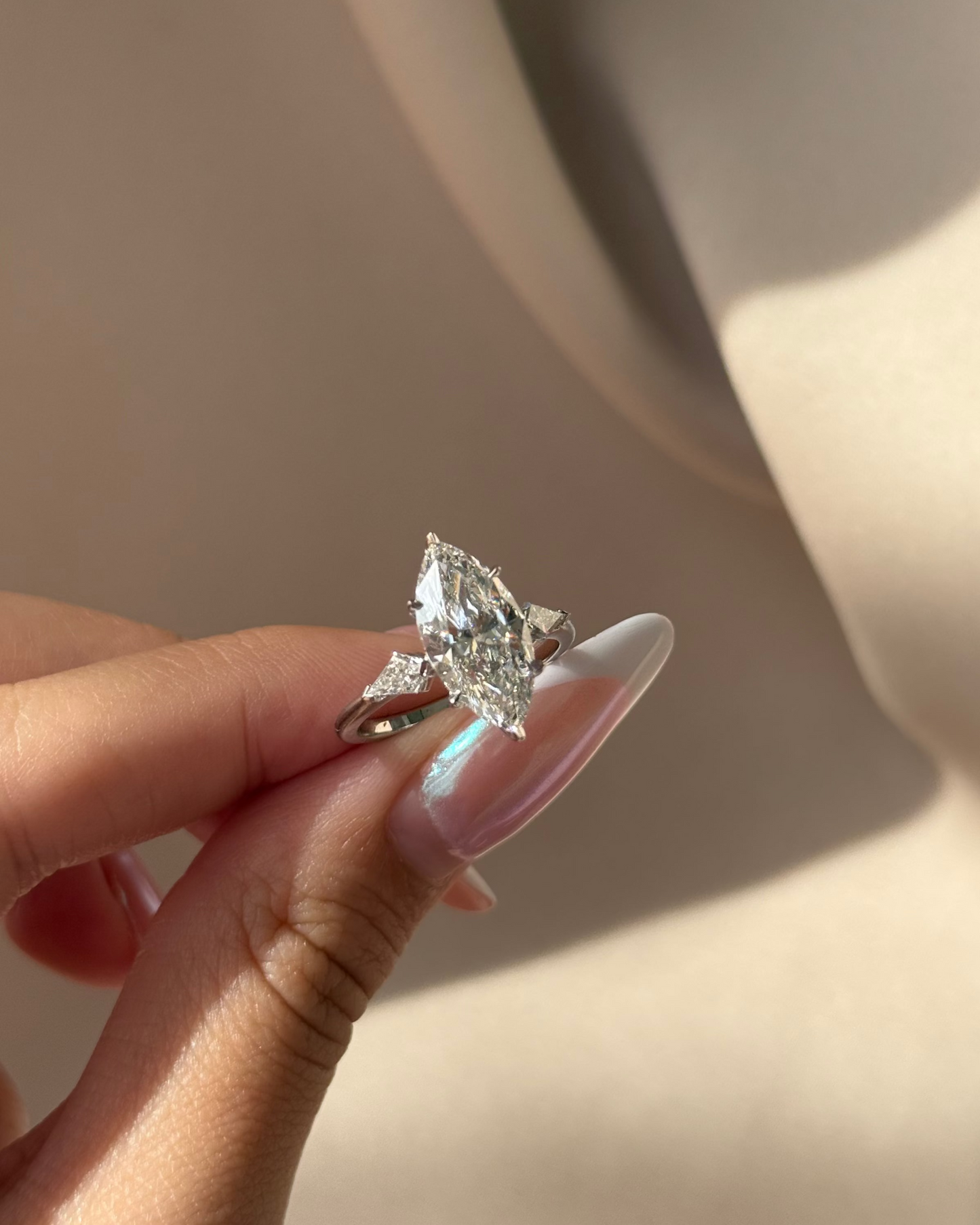 Marquise Shaped Three Stone Lab Grown Diamond Engagement Ring