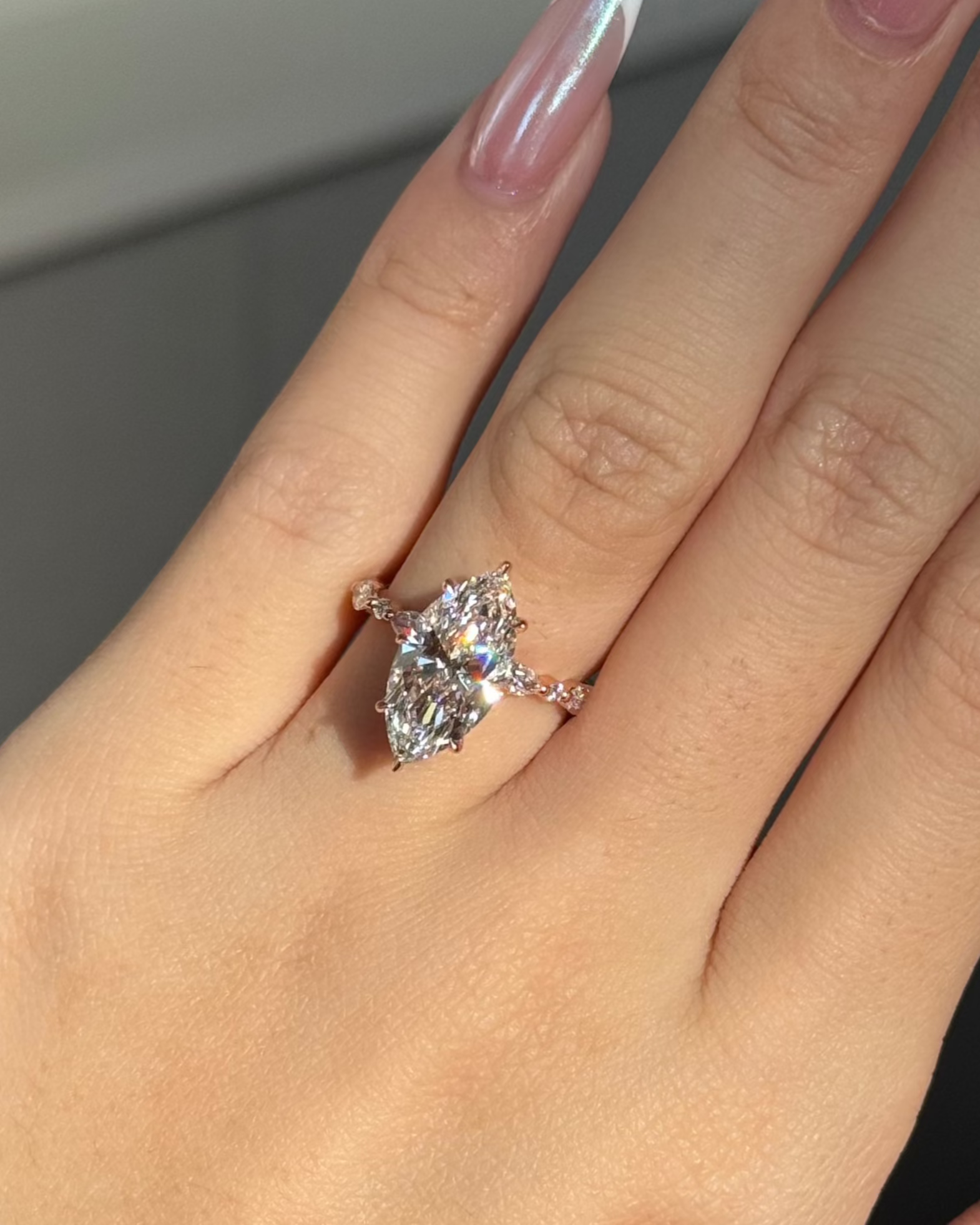 Marquise Shaped Three Stone Lab Grown Diamond Engagement Ring