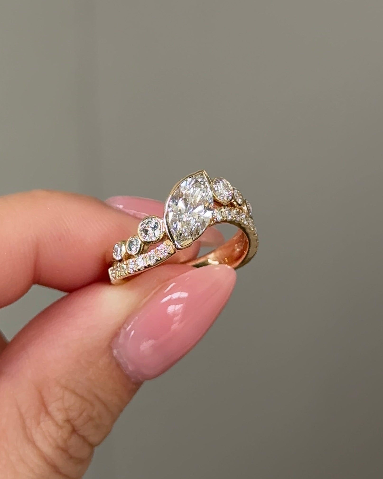 Marquise Shaped Three Stone Lab Grown Diamond Engagement Ring