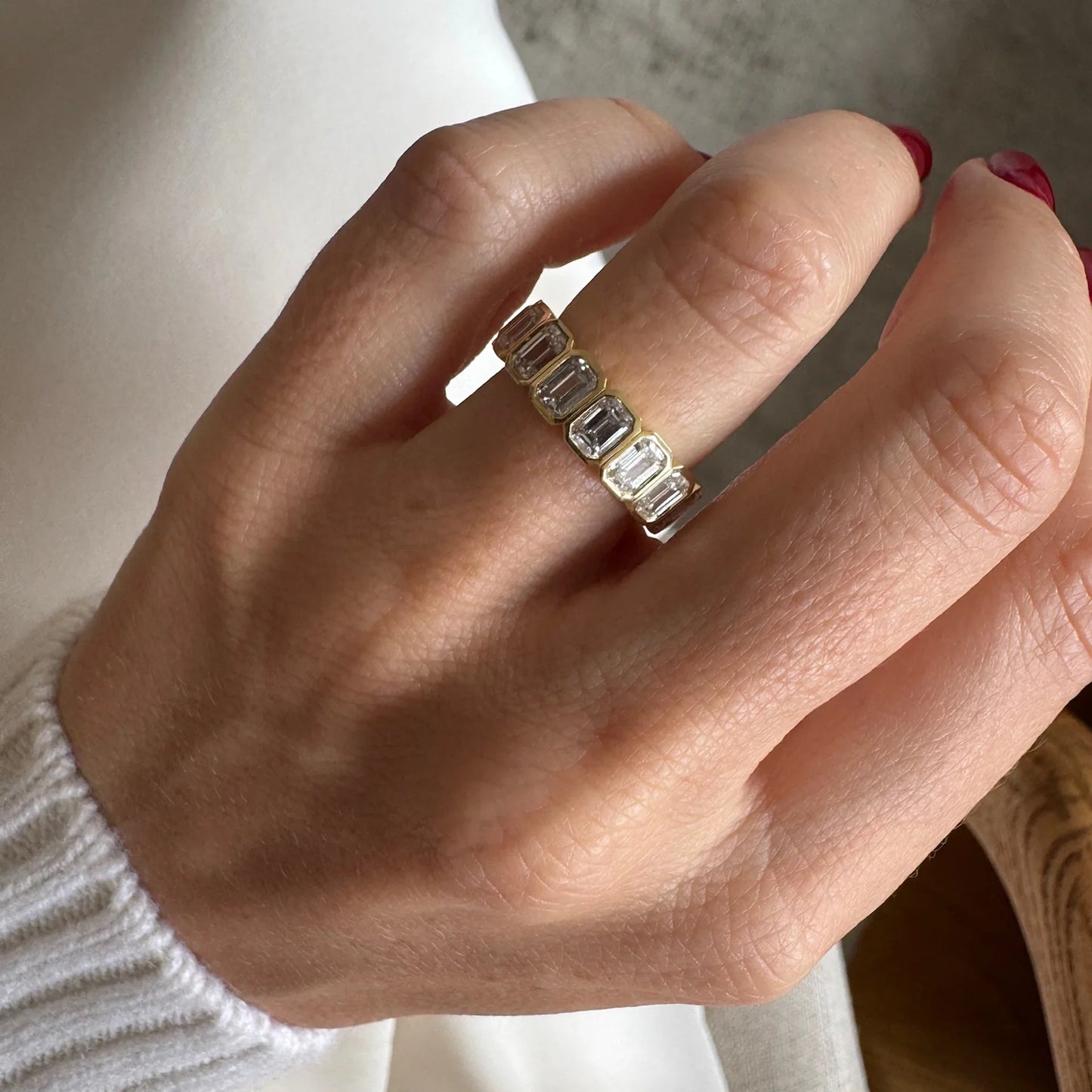 Timeless 2 TCW Emerald Stones Full Eternity Moissanite Diamond Wedding Band