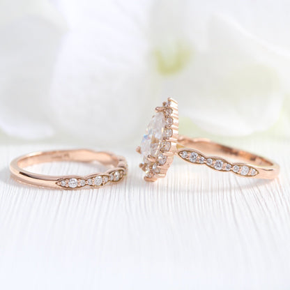 1.5 CT Pear Cut Curved Pave Moissanite Bridal Ring Set