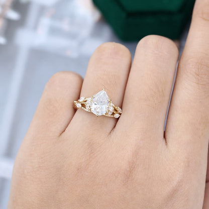 2.05 CT Pear Shaped Floral Moissanite Engagement Ring
