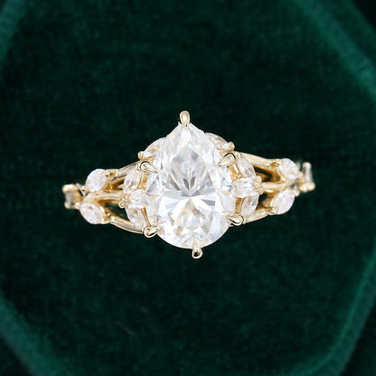 2.05 CT Pear Shaped Floral Moissanite Engagement Ring