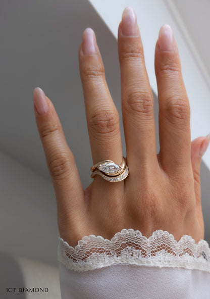 1.5 CT East-West Marquise Moissanite Engagement Ring with Bold Pave Stacking Band