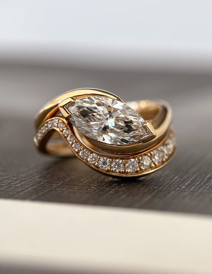 1.5 CT East-West Marquise Moissanite Engagement Ring with Bold Pave Stacking Band