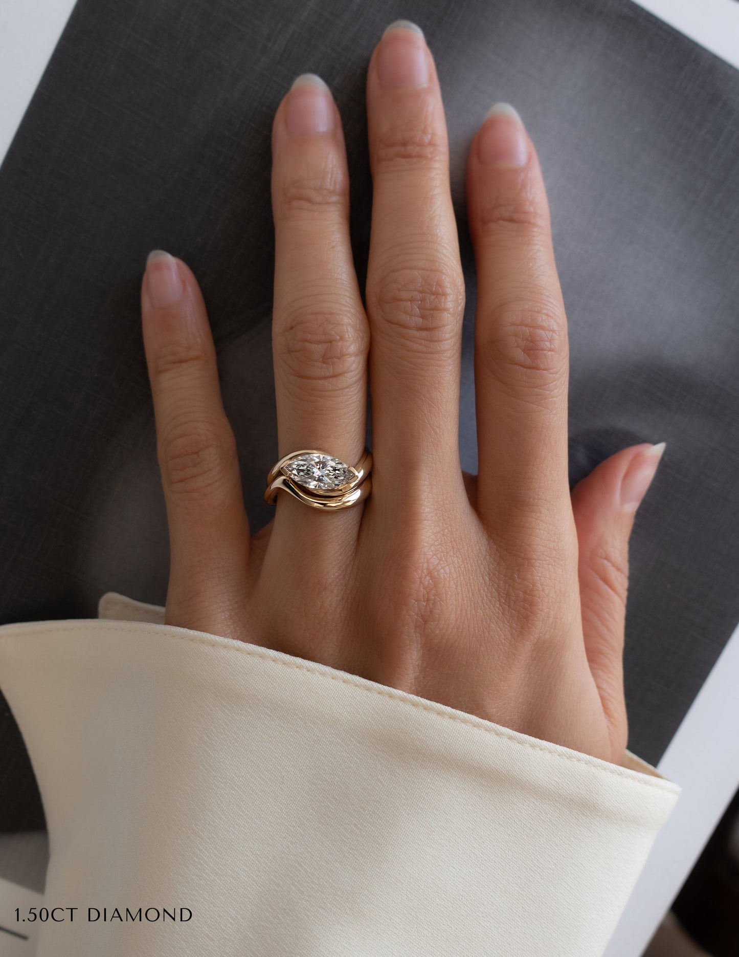 1.5 CT East-West Marquise Moissanite Engagement Ring with Plain Stacking Band