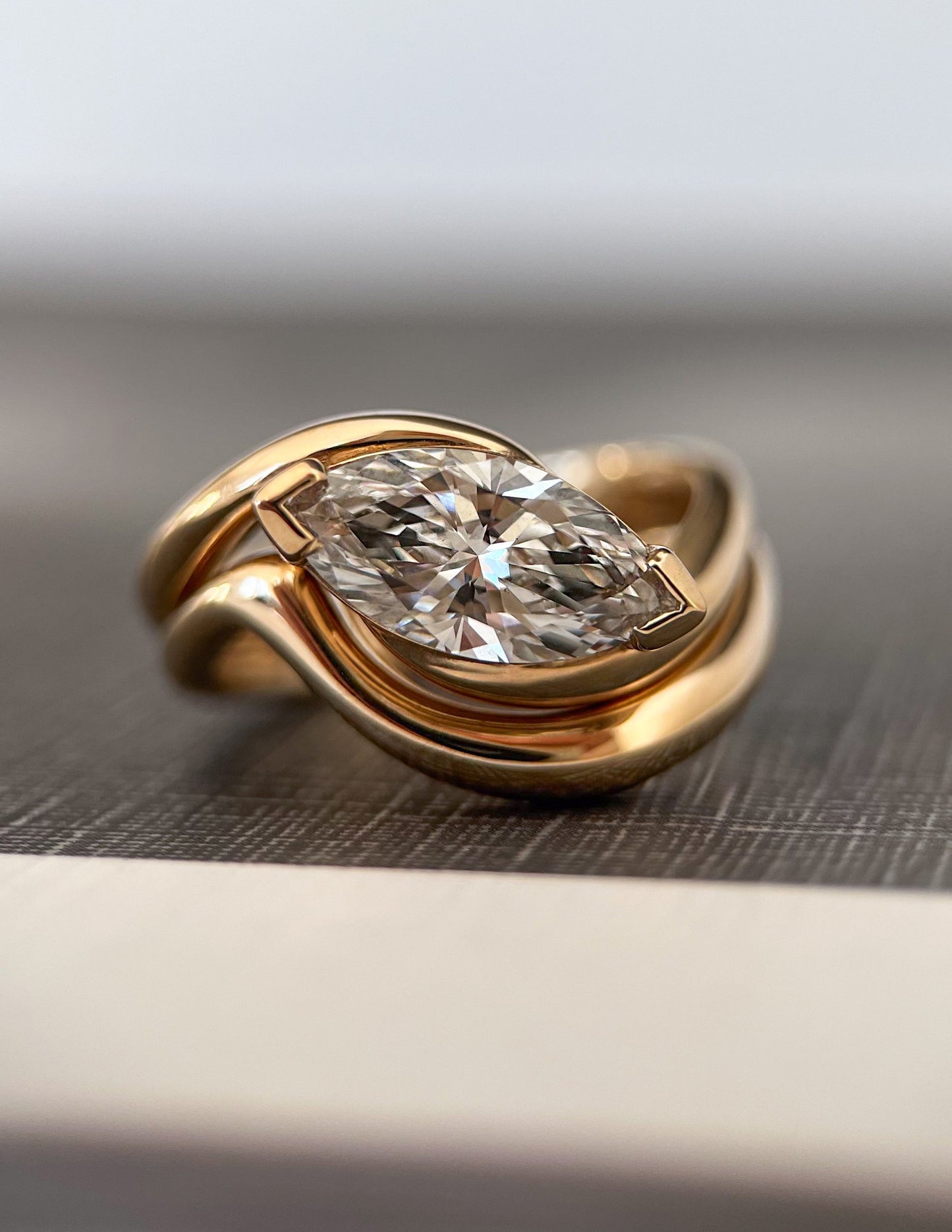 1.5 CT East-West Marquise Moissanite Engagement Ring with Plain Stacking Band